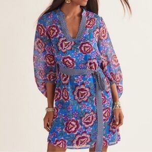 CAbi Blue Floral V-Neck Belted Dress with Pink Accents